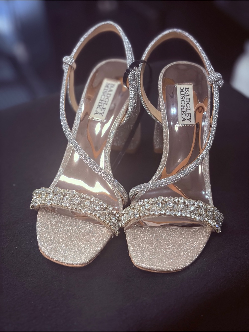 Badgley Mischka Glittery Crystal-Strap Sandals in Champagne